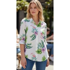 Tommy Bahama Womens Small White Linen Tropical Floral Palm Button Up Shirt